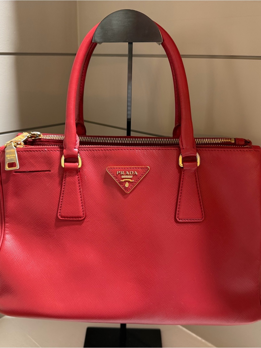 Prada Red Saffiano Satchel with Gold Hardware